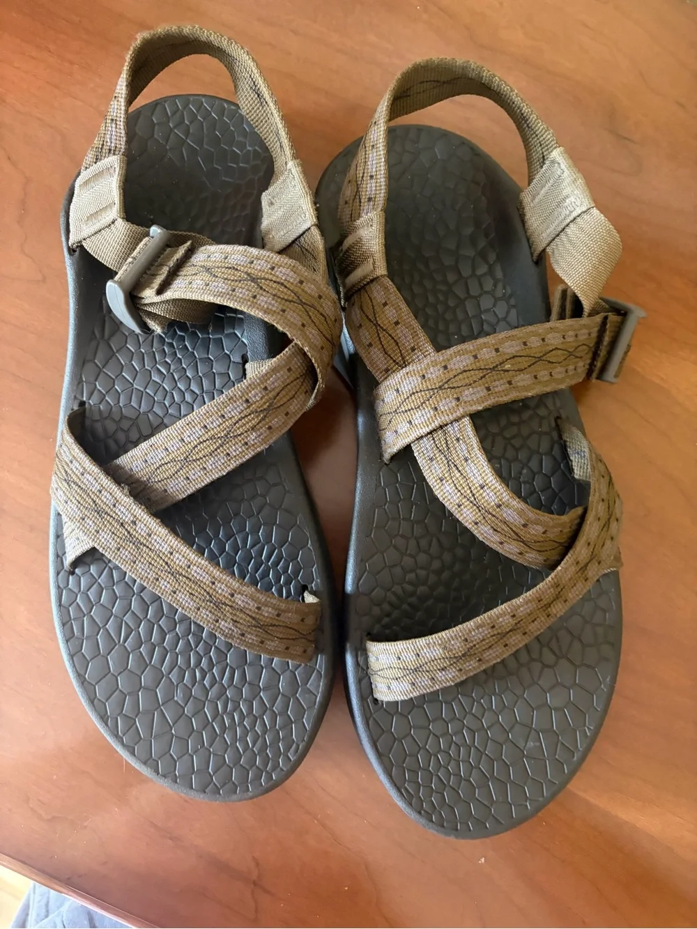 Chaco Men's Outdoor Webbing Sandals in Brown and Black Barley worn!